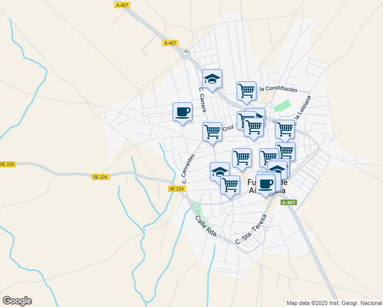 map of restaurants, bars, coffee shops, grocery stores, and more near 1c Calle Cervantes in Fuentes de Andalucía