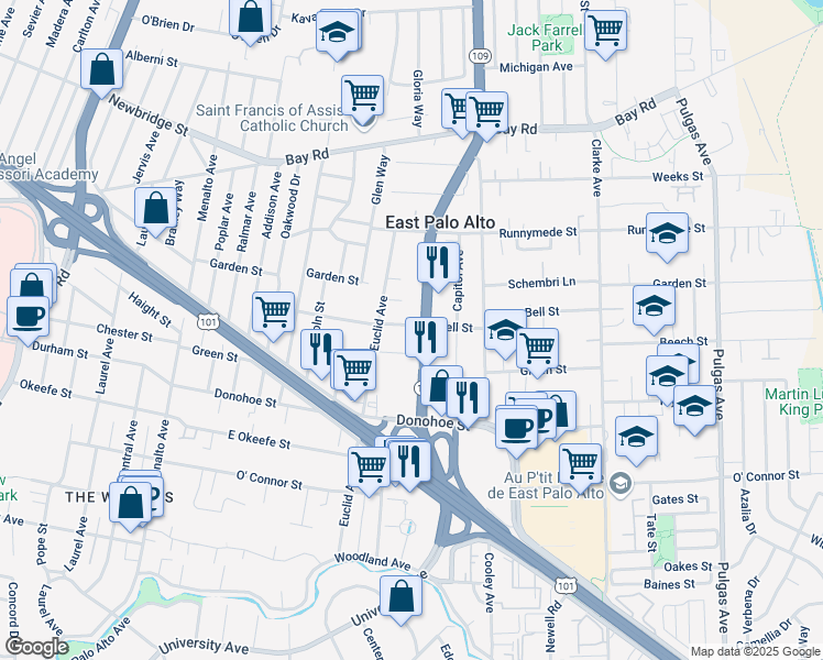 map of restaurants, bars, coffee shops, grocery stores, and more near 580 Bell Street in East Palo Alto