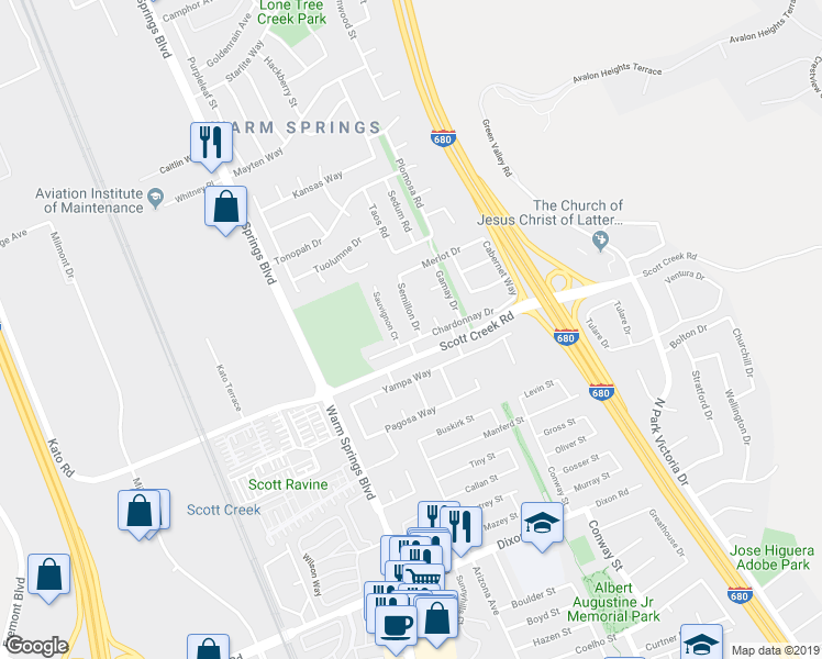 map of restaurants, bars, coffee shops, grocery stores, and more near 48881 Semillon Drive in Fremont