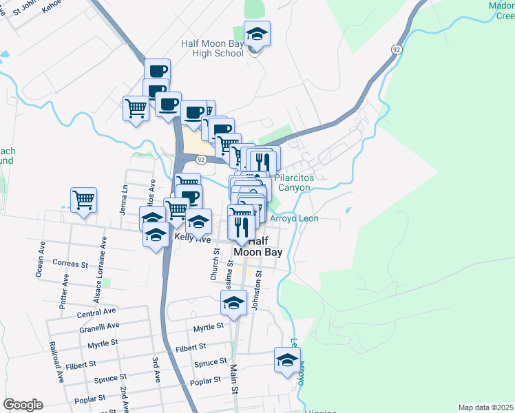 map of restaurants, bars, coffee shops, grocery stores, and more near 315 Main Street in Half Moon Bay