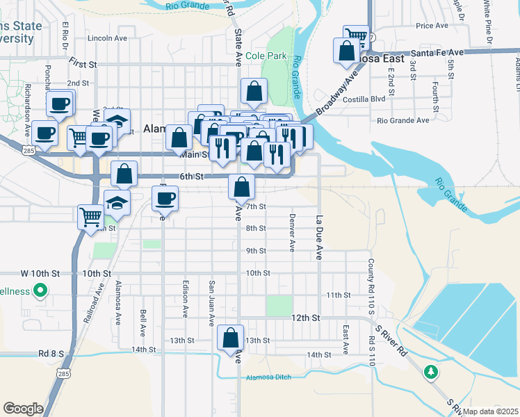 map of restaurants, bars, coffee shops, grocery stores, and more near 510 7th Street in Alamosa