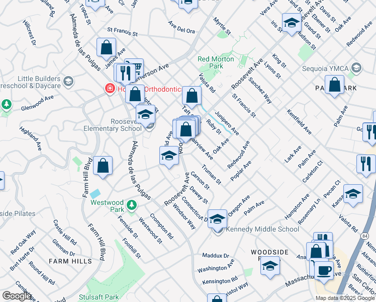 map of restaurants, bars, coffee shops, grocery stores, and more near 2158 Mcgarvey Avenue in Redwood City