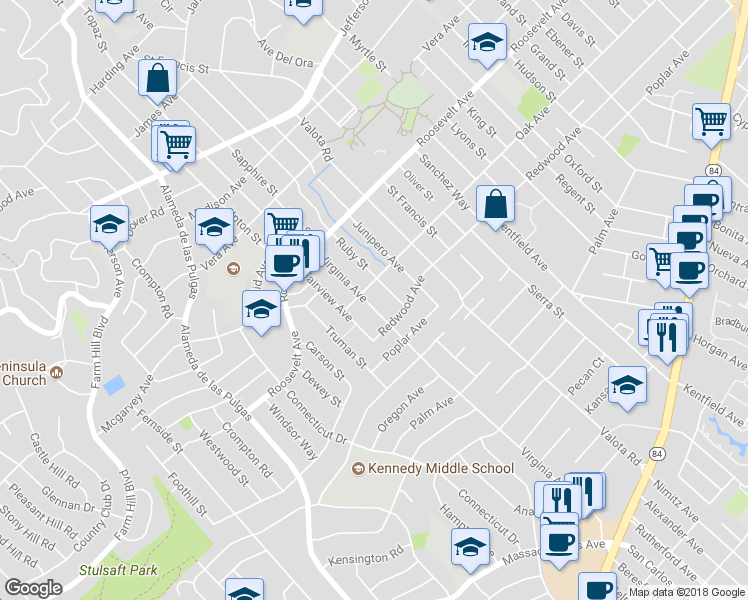 map of restaurants, bars, coffee shops, grocery stores, and more near 1231 Virginia Avenue in Redwood City