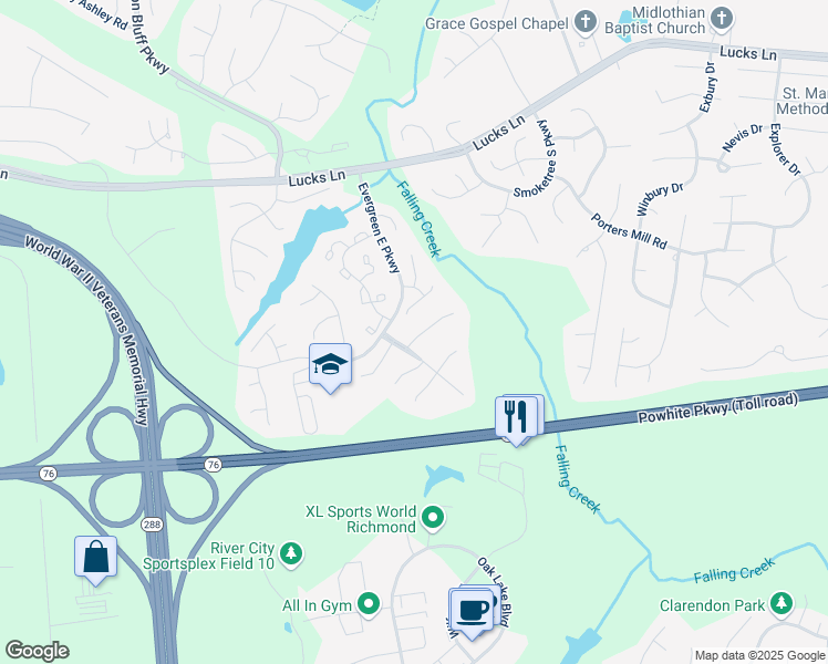 map of restaurants, bars, coffee shops, grocery stores, and more near 12320 Boxford Lane in Midlothian