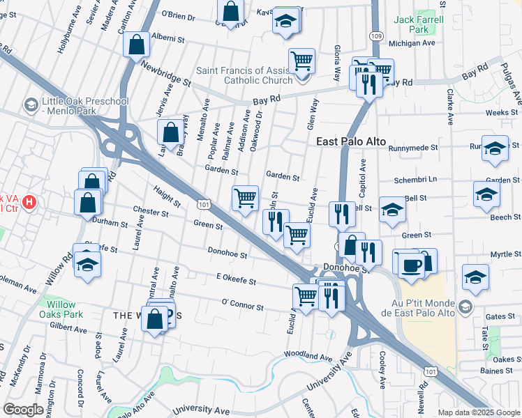 map of restaurants, bars, coffee shops, grocery stores, and more near 2176 Dumbarton Avenue in East Palo Alto
