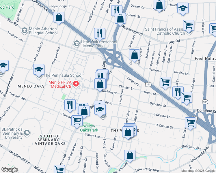 map of restaurants, bars, coffee shops, grocery stores, and more near 411 Chester Street in Menlo Park