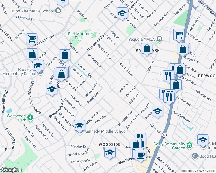 map of restaurants, bars, coffee shops, grocery stores, and more near 1351 Junipero Avenue in Redwood City