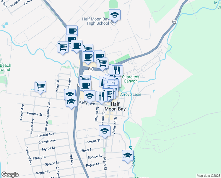 map of restaurants, bars, coffee shops, grocery stores, and more near 334 Purissima Street in Half Moon Bay