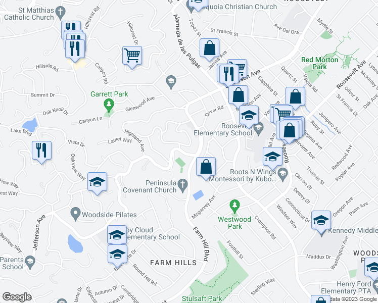 map of restaurants, bars, coffee shops, grocery stores, and more near 3558 Jefferson Avenue in Redwood City