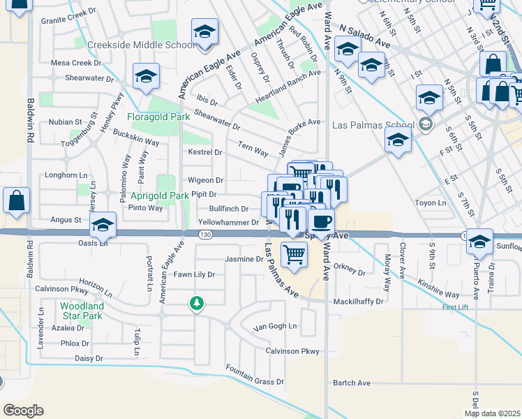 map of restaurants, bars, coffee shops, grocery stores, and more near James Burke Avenue & Bullfinch Drive in Patterson