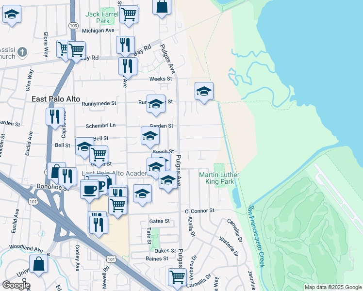 map of restaurants, bars, coffee shops, grocery stores, and more near 2208 Pulgas Avenue in East Palo Alto