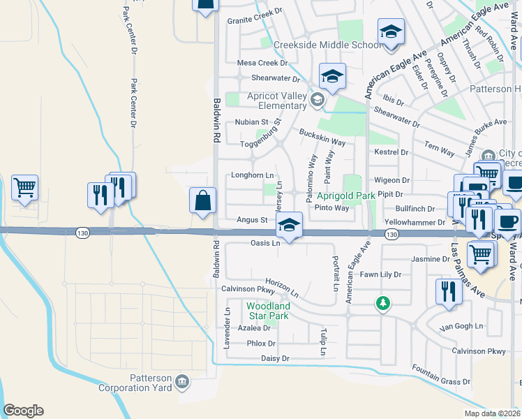 map of restaurants, bars, coffee shops, grocery stores, and more near 1418 Berrendas Street in Patterson