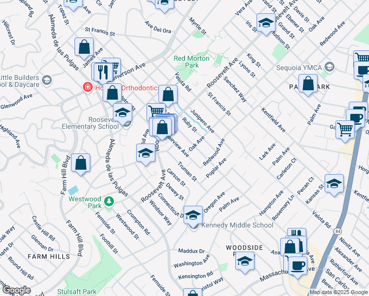 map of restaurants, bars, coffee shops, grocery stores, and more near 1177 Fairview Avenue in Redwood City