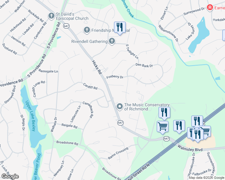 map of restaurants, bars, coffee shops, grocery stores, and more near 2311 Hicks Road in Richmond