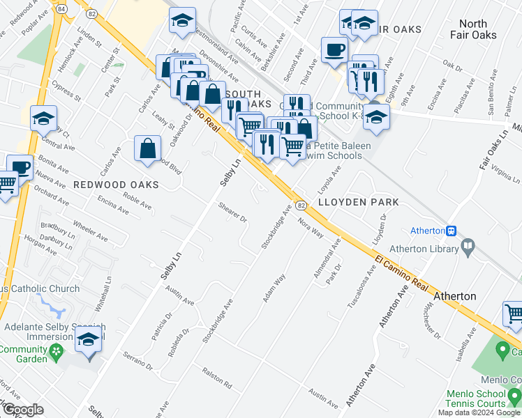 map of restaurants, bars, coffee shops, grocery stores, and more near 70 Gresham Lane in Atherton