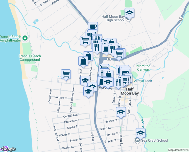 map of restaurants, bars, coffee shops, grocery stores, and more near 492 Laurel Avenue in Half Moon Bay