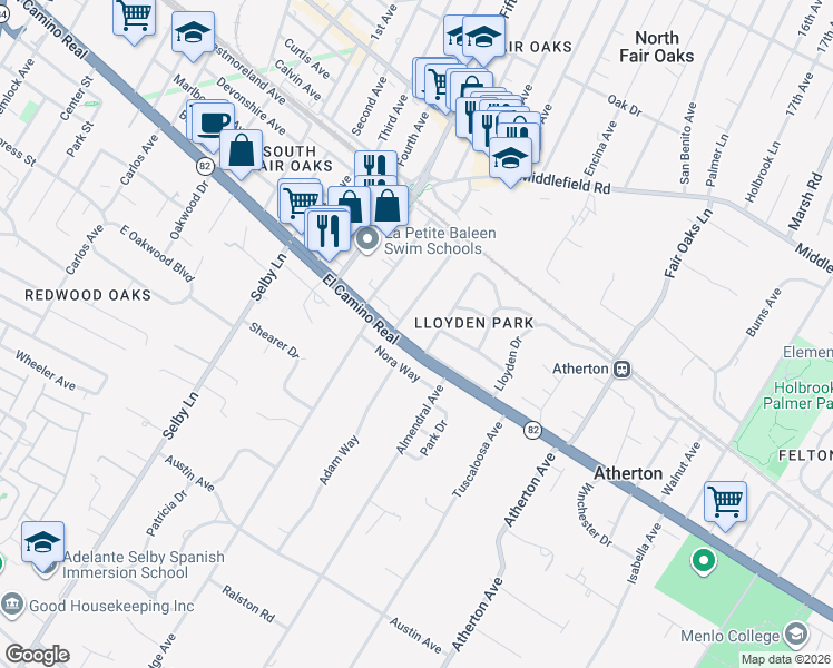 map of restaurants, bars, coffee shops, grocery stores, and more near in North Fair Oaks