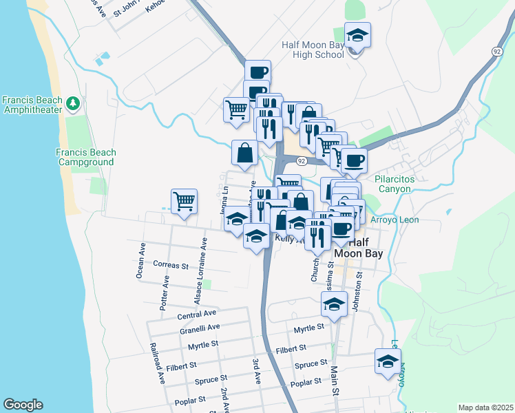 map of restaurants, bars, coffee shops, grocery stores, and more near 492 Laurel Avenue in Half Moon Bay