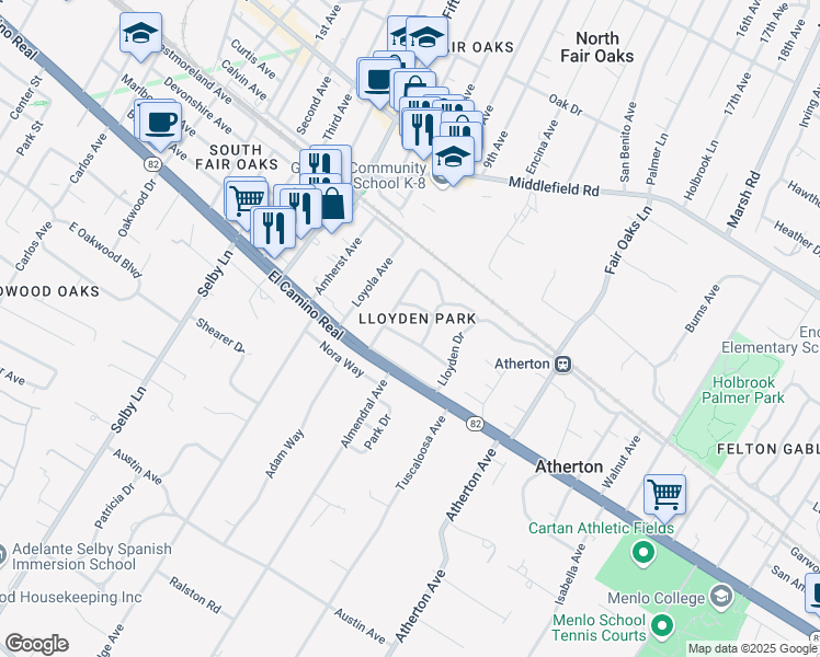 map of restaurants, bars, coffee shops, grocery stores, and more near 31 Rittenhouse Avenue in Atherton