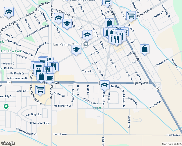 map of restaurants, bars, coffee shops, grocery stores, and more near 830 Toyon Ln in Patterson