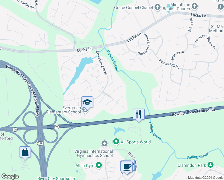 map of restaurants, bars, coffee shops, grocery stores, and more near 12320 Boxford Lane in Midlothian