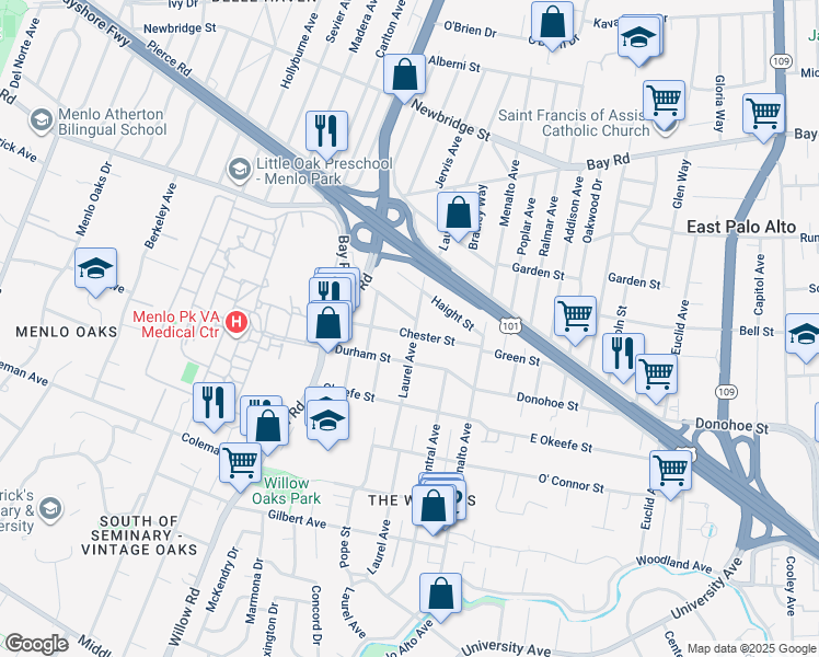 map of restaurants, bars, coffee shops, grocery stores, and more near 903 Laurel Avenue in Menlo Park