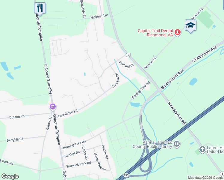 map of restaurants, bars, coffee shops, grocery stores, and more near 1512 Tree Ridge Road in Richmond