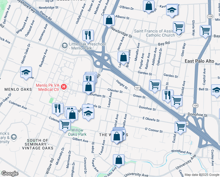 map of restaurants, bars, coffee shops, grocery stores, and more near 903 Laurel Avenue in Menlo Park