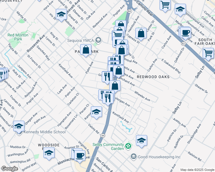 map of restaurants, bars, coffee shops, grocery stores, and more near 850 Woodside Road in Redwood City