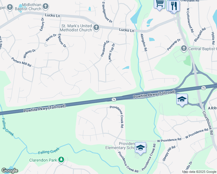 map of restaurants, bars, coffee shops, grocery stores, and more near 11506 Courthouse Acres Drive in Midlothian