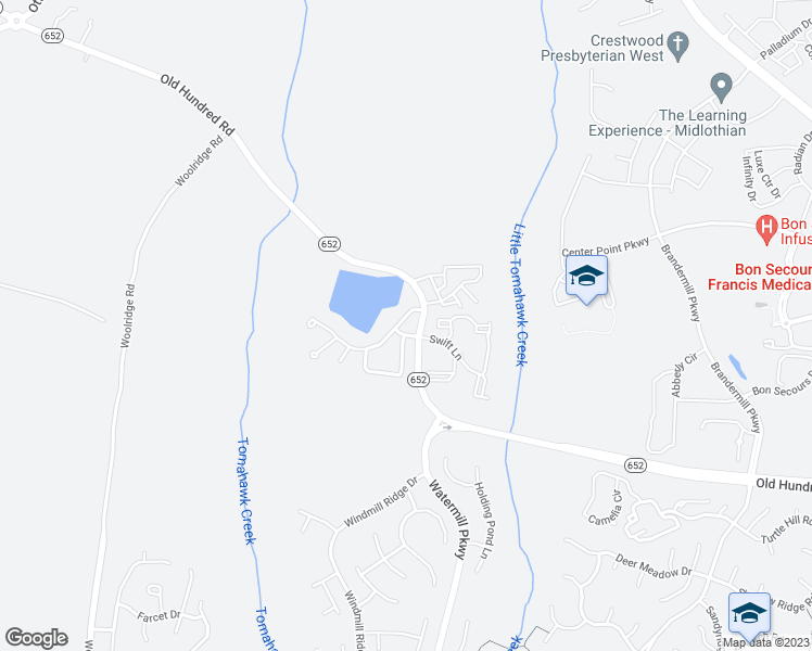 map of restaurants, bars, coffee shops, grocery stores, and more near 14815 Watermill Lake Trail in Midlothian