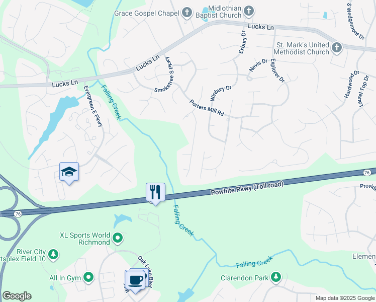 map of restaurants, bars, coffee shops, grocery stores, and more near 1718 Porters Mill Lane in Midlothian