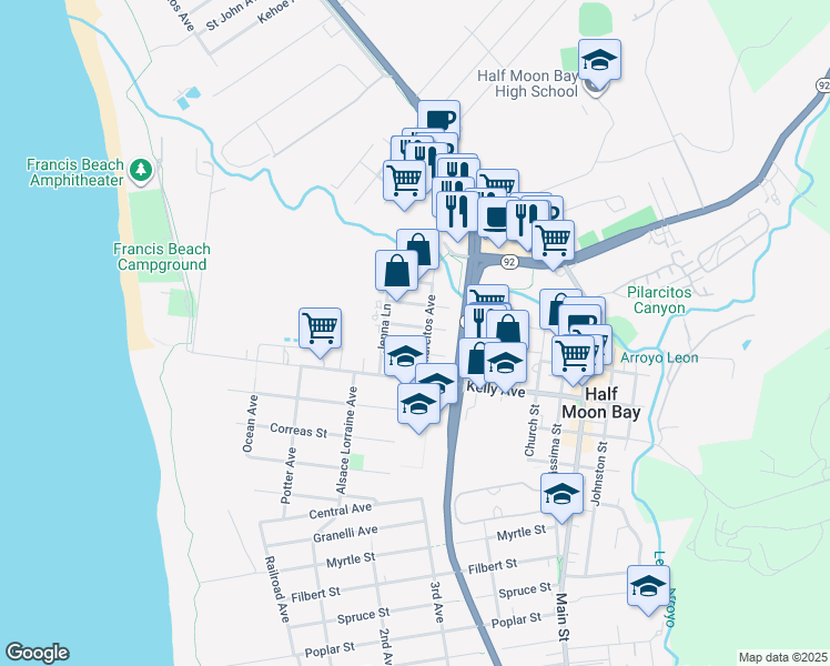map of restaurants, bars, coffee shops, grocery stores, and more near 481 Pine Avenue in Half Moon Bay