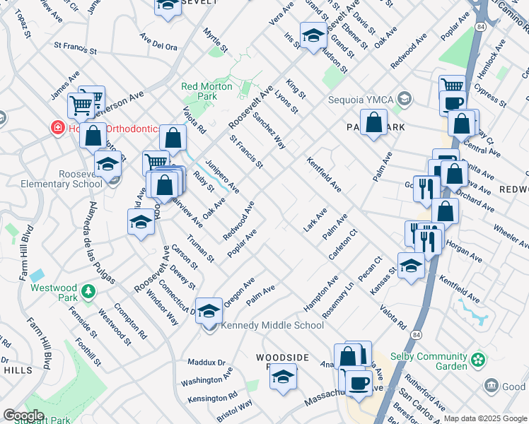 map of restaurants, bars, coffee shops, grocery stores, and more near 1337 Junipero Avenue in Redwood City