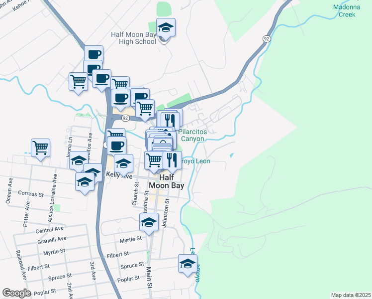 map of restaurants, bars, coffee shops, grocery stores, and more near 100 Stone Pine Road in Half Moon Bay