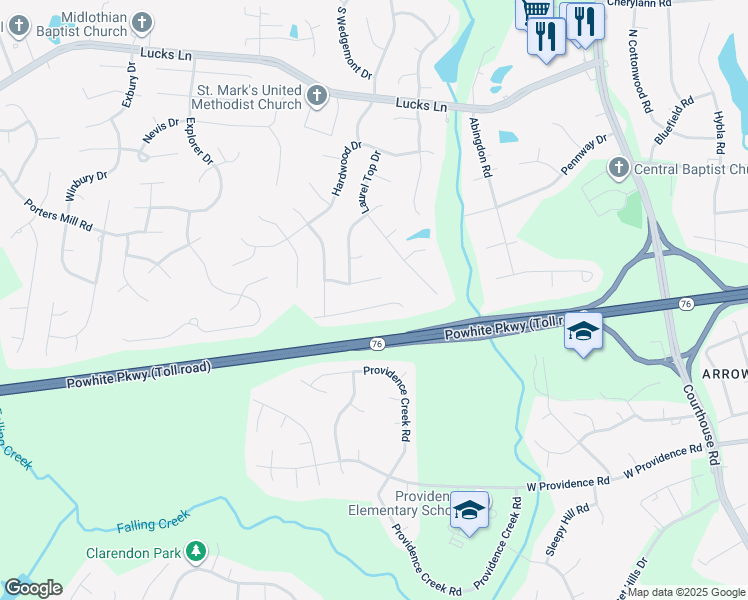 map of restaurants, bars, coffee shops, grocery stores, and more near 11436 Courthouse Acres Drive in Midlothian