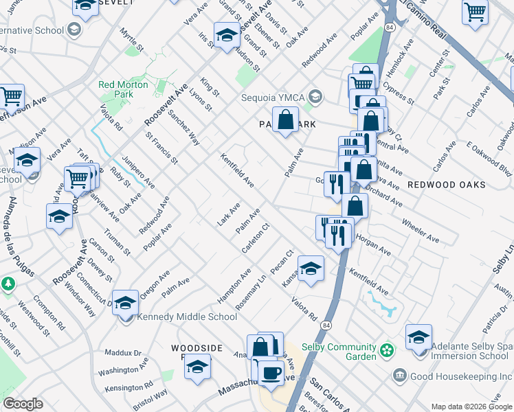 map of restaurants, bars, coffee shops, grocery stores, and more near 1499 Sierra Street in Redwood City