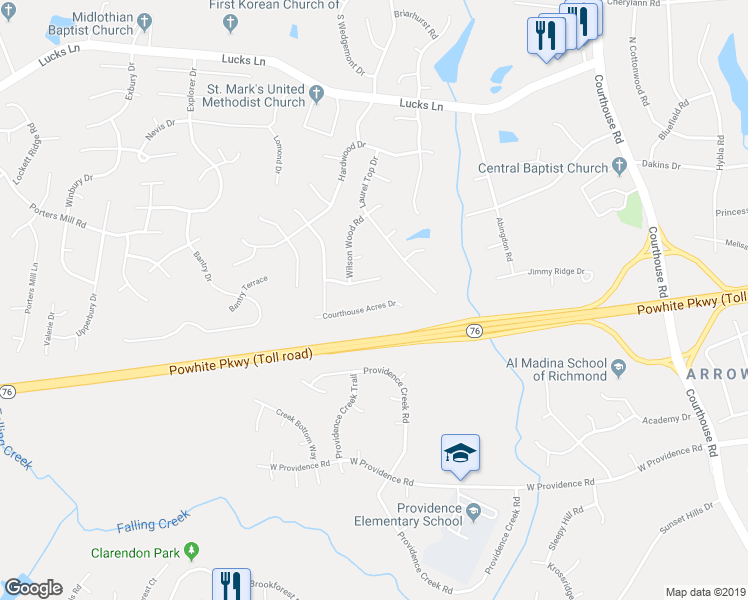 map of restaurants, bars, coffee shops, grocery stores, and more near 11436 Courthouse Acres Drive in Midlothian