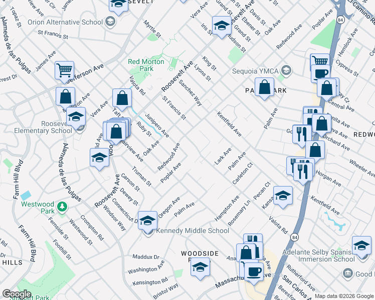 map of restaurants, bars, coffee shops, grocery stores, and more near 1351 Junipero Avenue in Redwood City