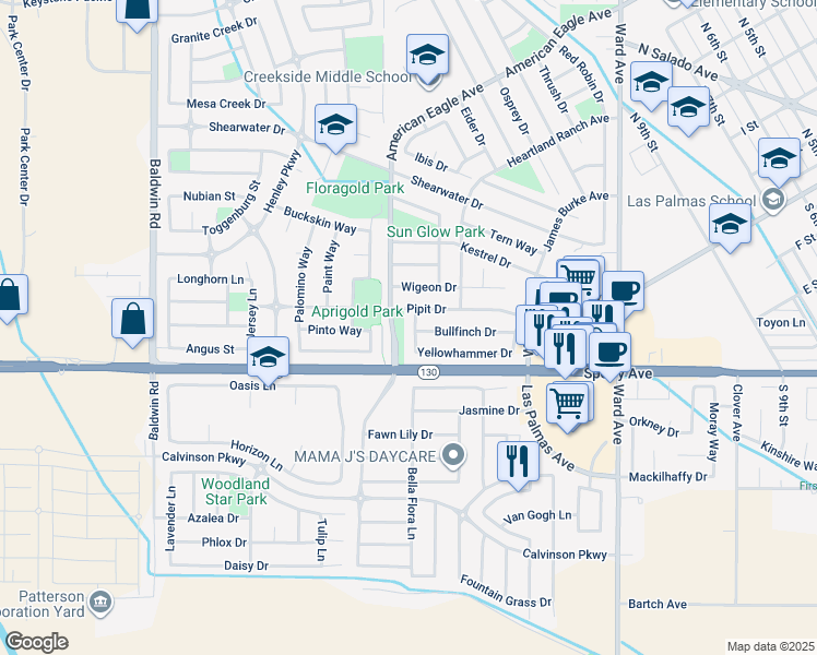 map of restaurants, bars, coffee shops, grocery stores, and more near 87 Black Crow Lane in Patterson