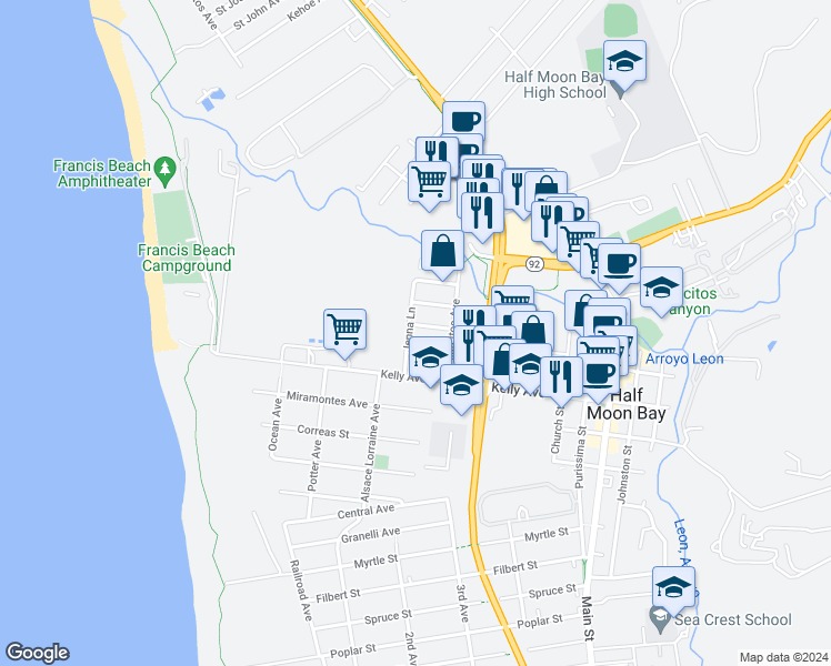 map of restaurants, bars, coffee shops, grocery stores, and more near 402 Laurel Avenue in Half Moon Bay