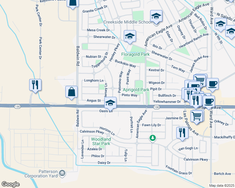 map of restaurants, bars, coffee shops, grocery stores, and more near 41 Palomino Way in Patterson