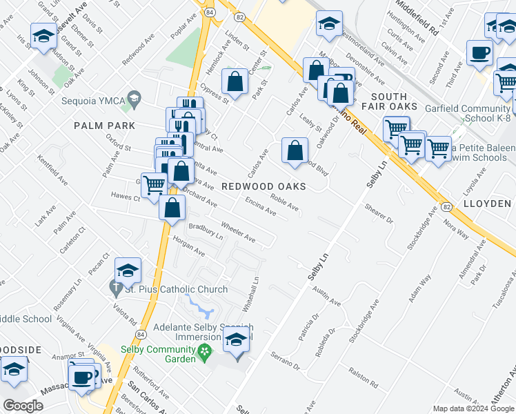 map of restaurants, bars, coffee shops, grocery stores, and more near 260 Encina Avenue in Redwood City