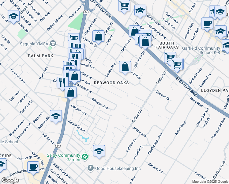 map of restaurants, bars, coffee shops, grocery stores, and more near 302 Encina Avenue in Redwood City