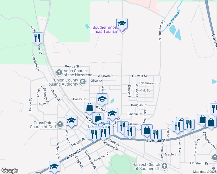 map of restaurants, bars, coffee shops, grocery stores, and more near 114 Kohler Street in Anna