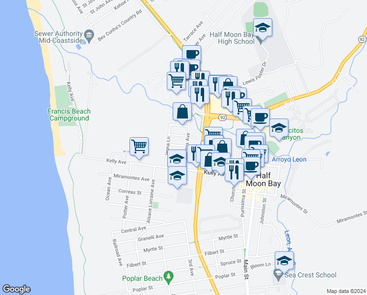 map of restaurants, bars, coffee shops, grocery stores, and more near 462 Laurel Avenue in Half Moon Bay