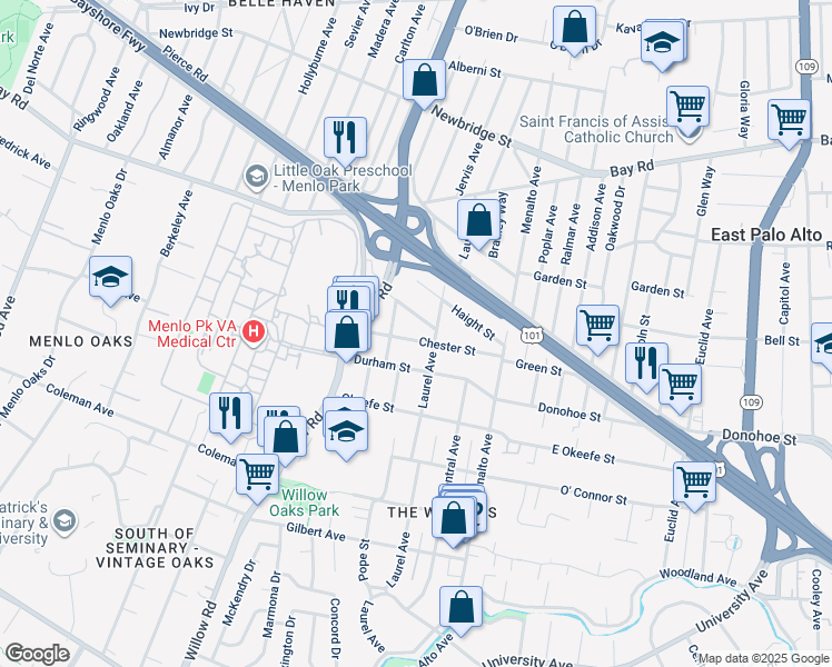 map of restaurants, bars, coffee shops, grocery stores, and more near 903 Laurel Avenue in Menlo Park
