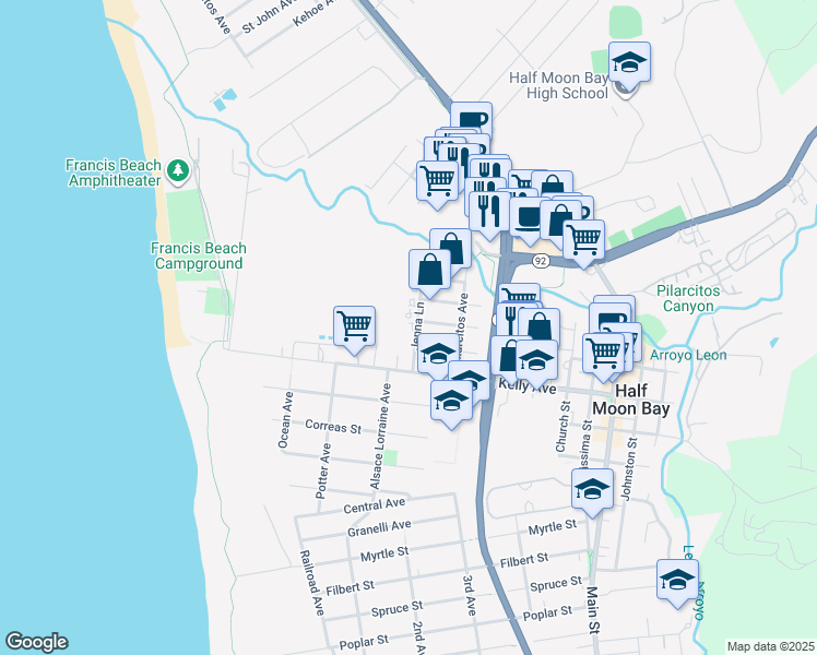map of restaurants, bars, coffee shops, grocery stores, and more near 12 Jenna Lane in Half Moon Bay