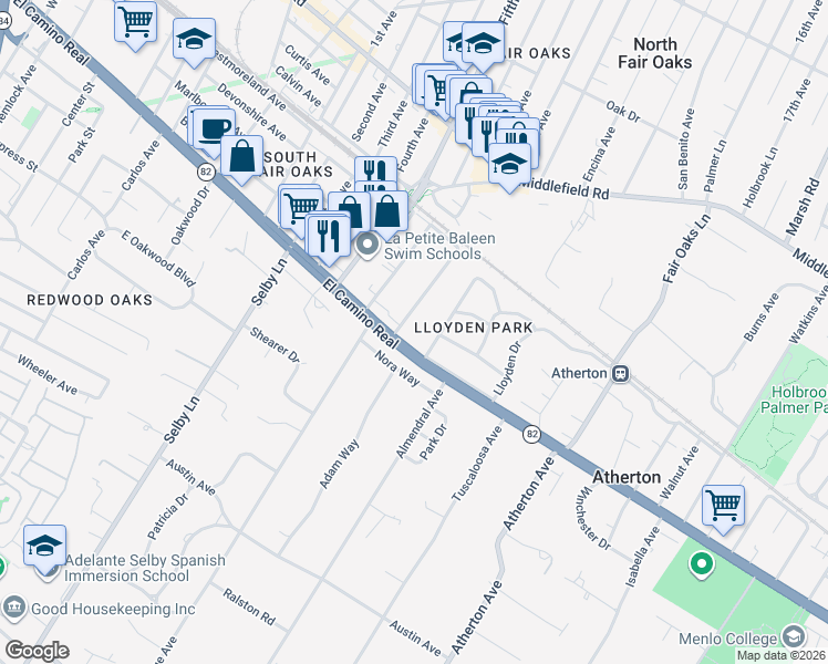 map of restaurants, bars, coffee shops, grocery stores, and more near 3421 El Camino Real in Atherton