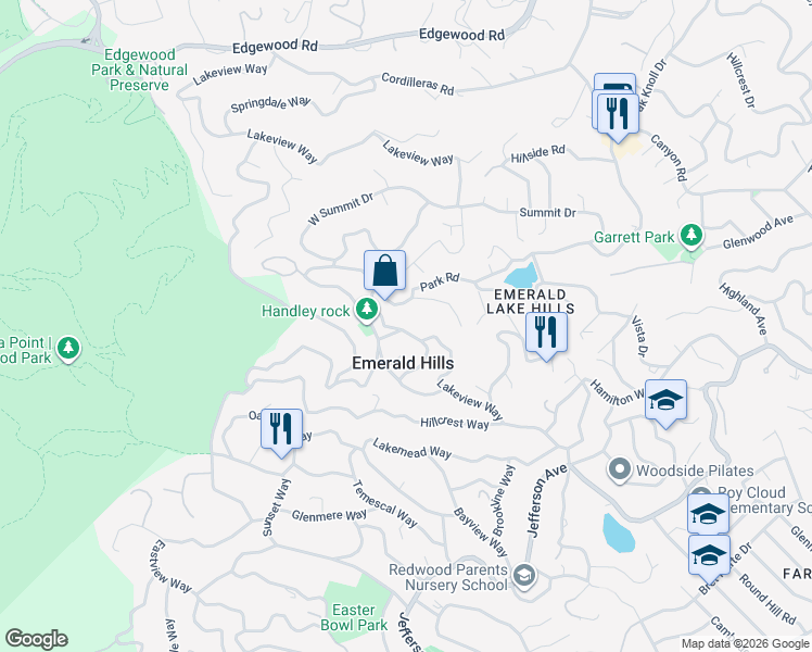 map of restaurants, bars, coffee shops, grocery stores, and more near 706 Lakeview Way in Emerald Hills